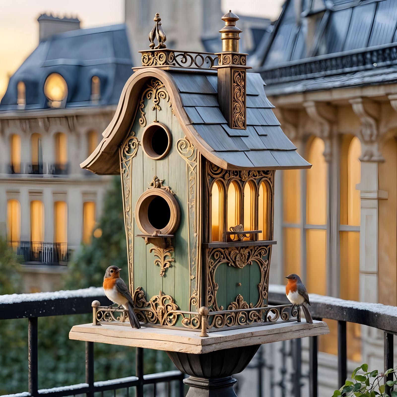Elegant Birdhouse in Paris, Gouache Painting