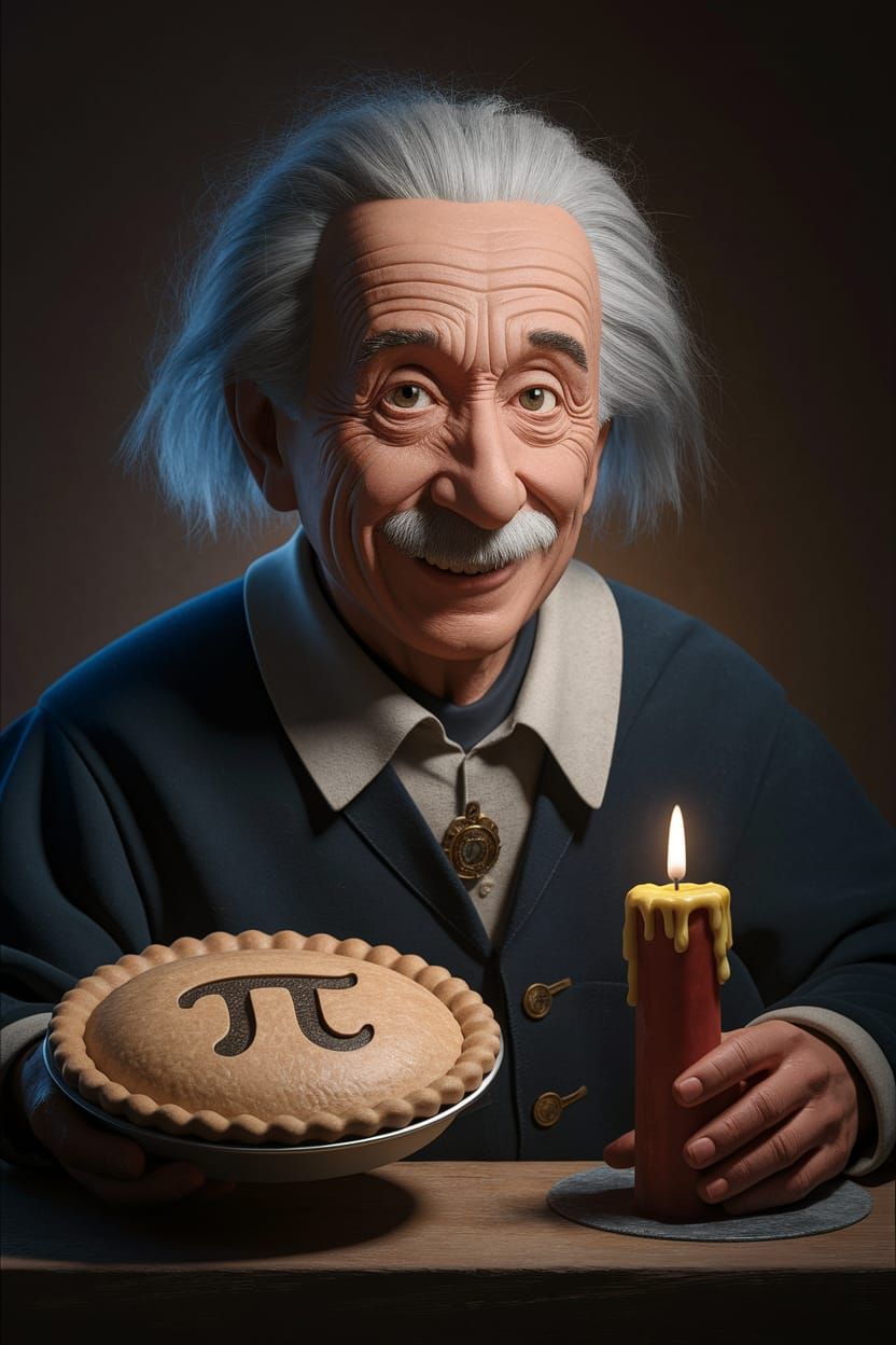 Albert Einstein Smiles with Pi Symbol Cake in Renaissance St...