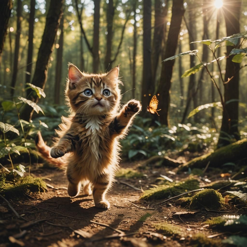 Kitten Fairy Prancing in Enchanted Forest
