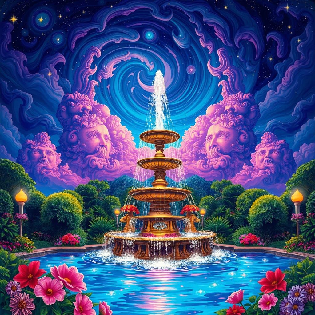 Celestial Dreamscape with Majestic Fountain