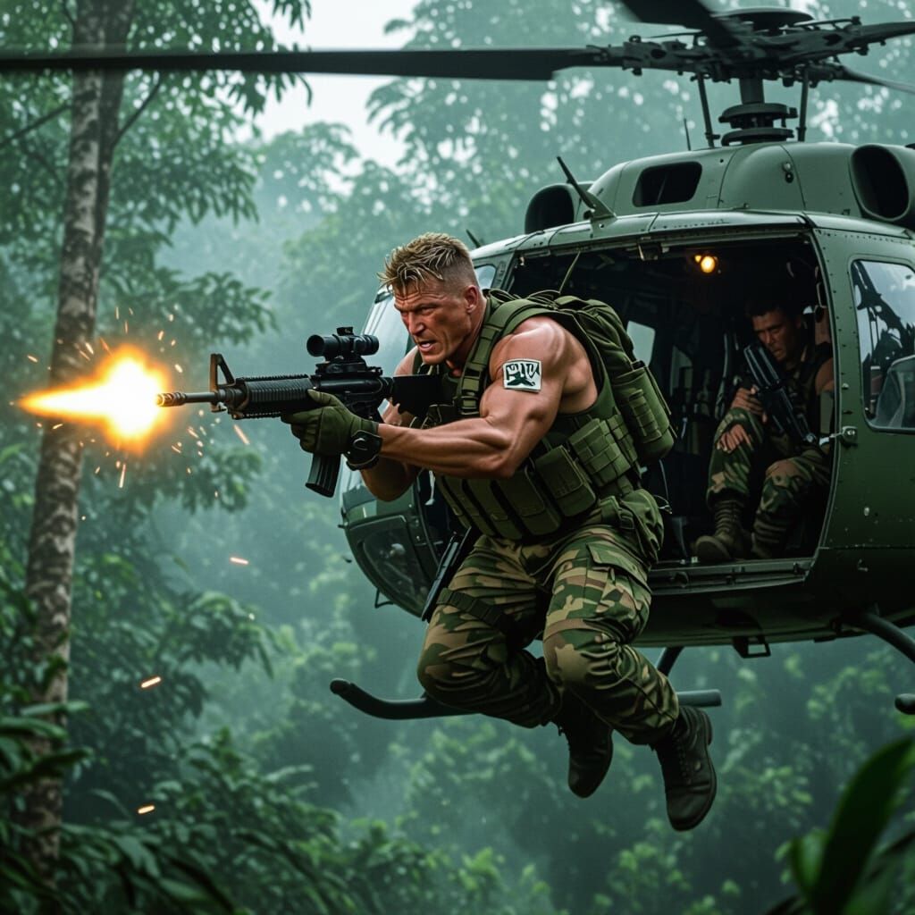 Soldier Descends Into Jungle Combat, Gritty Comic Style