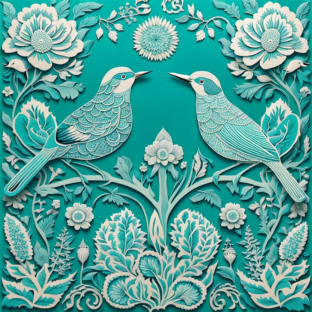 Floral and Bird Pattern in Woodblock Print Style