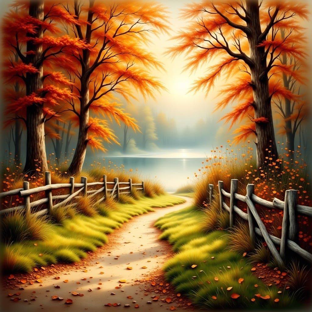 Autumn Path Through Forest in Watercolor Style