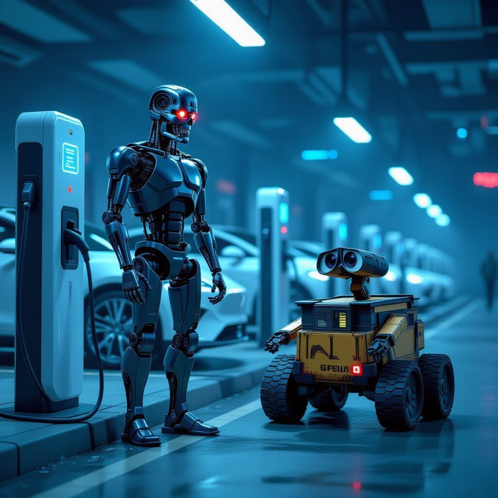 Terminator and Wall-E at Futuristic EV Charging Station