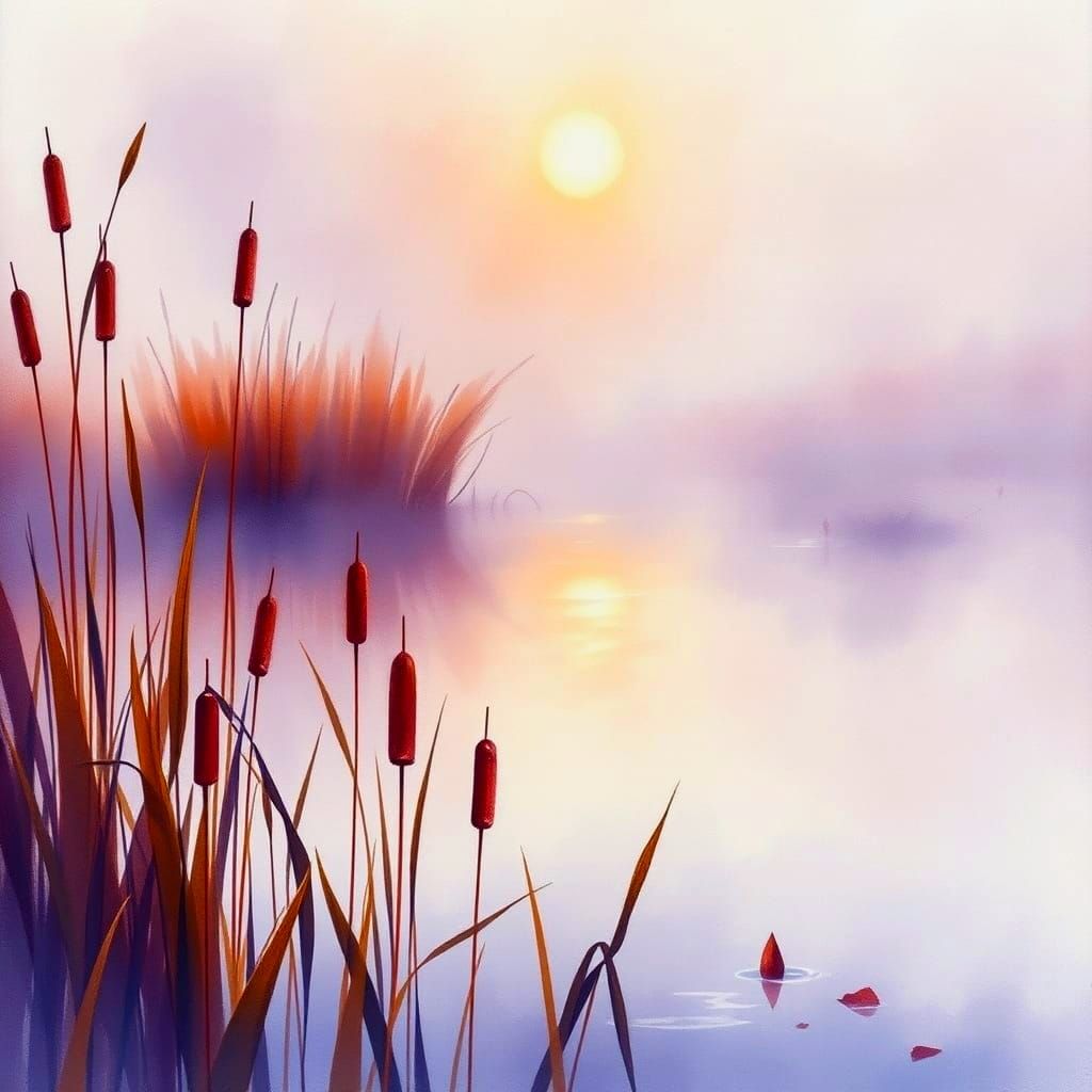 Watercolor Pond Scene in Purple and Amber Hues