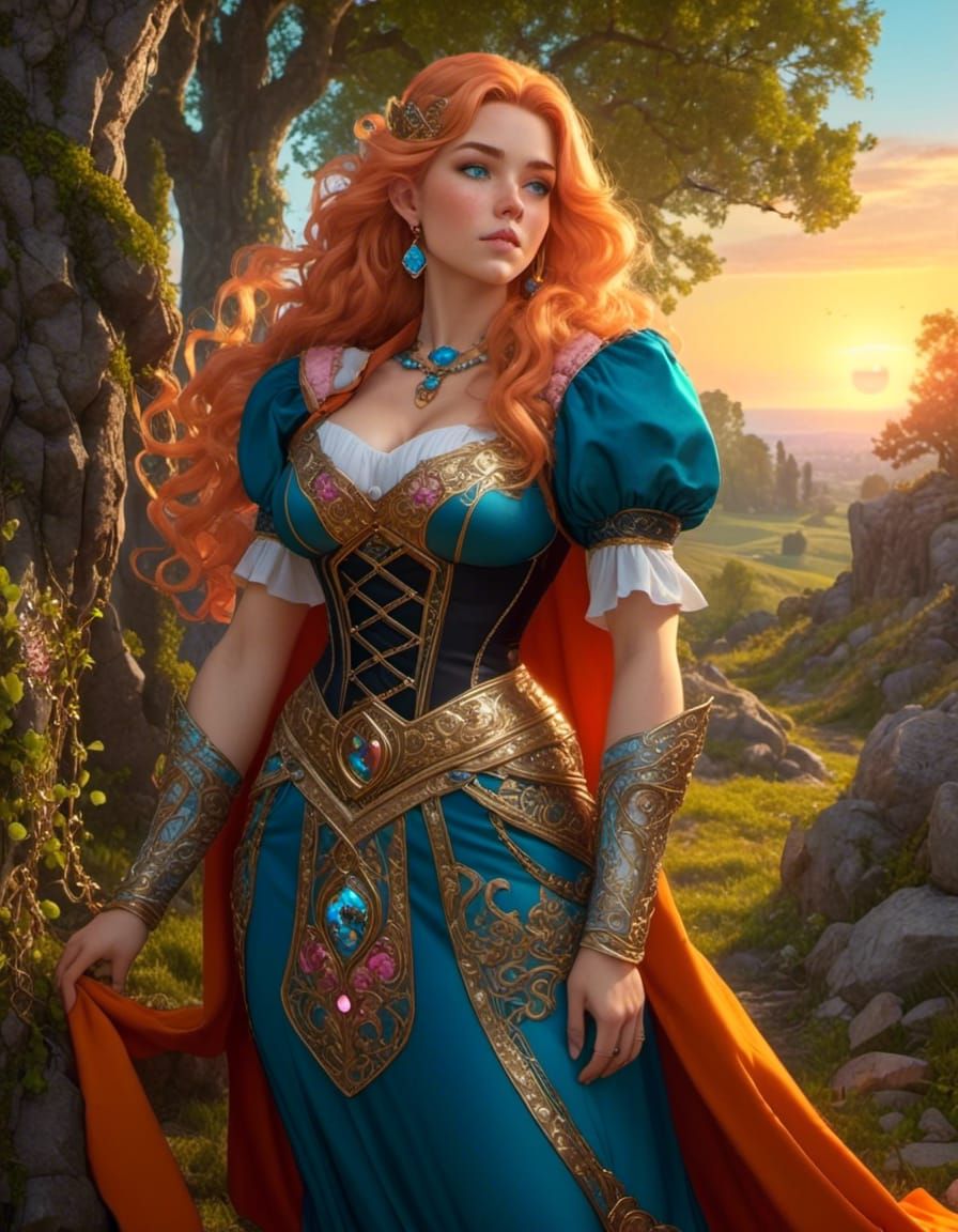 Freckled Woman Warrior at Sunrise in Comic Book Style