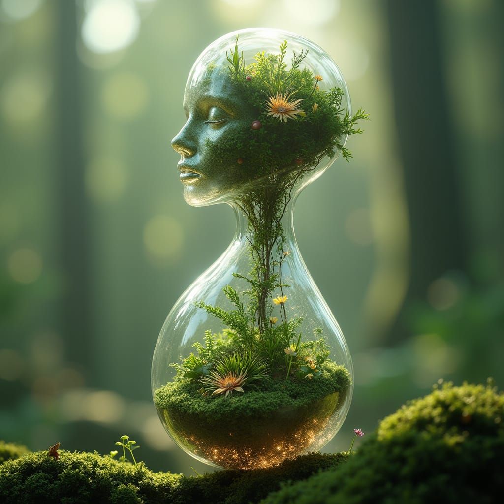 Ethereal Glass Woman with Vibrant Inner Ecosystem