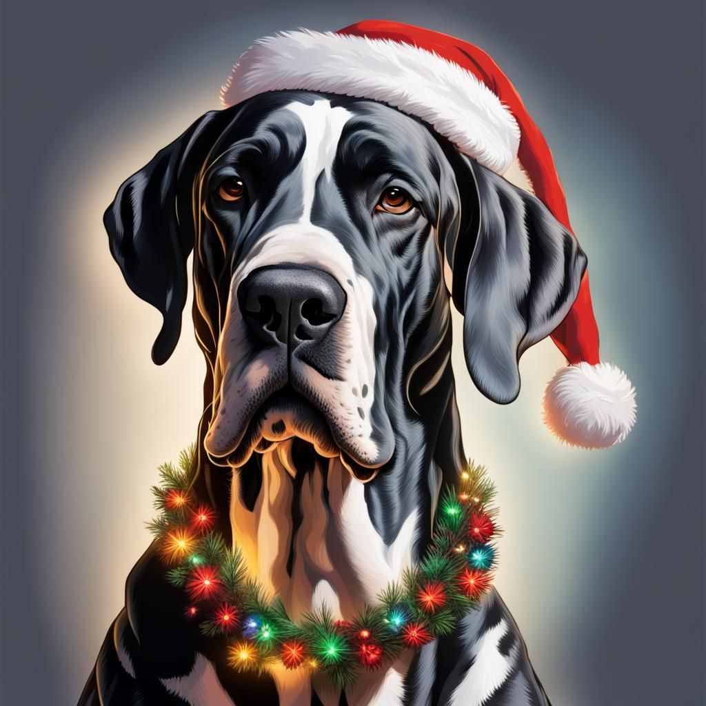 Festive Great Dane with Santa Hat: Hyperrealistic Splash Art