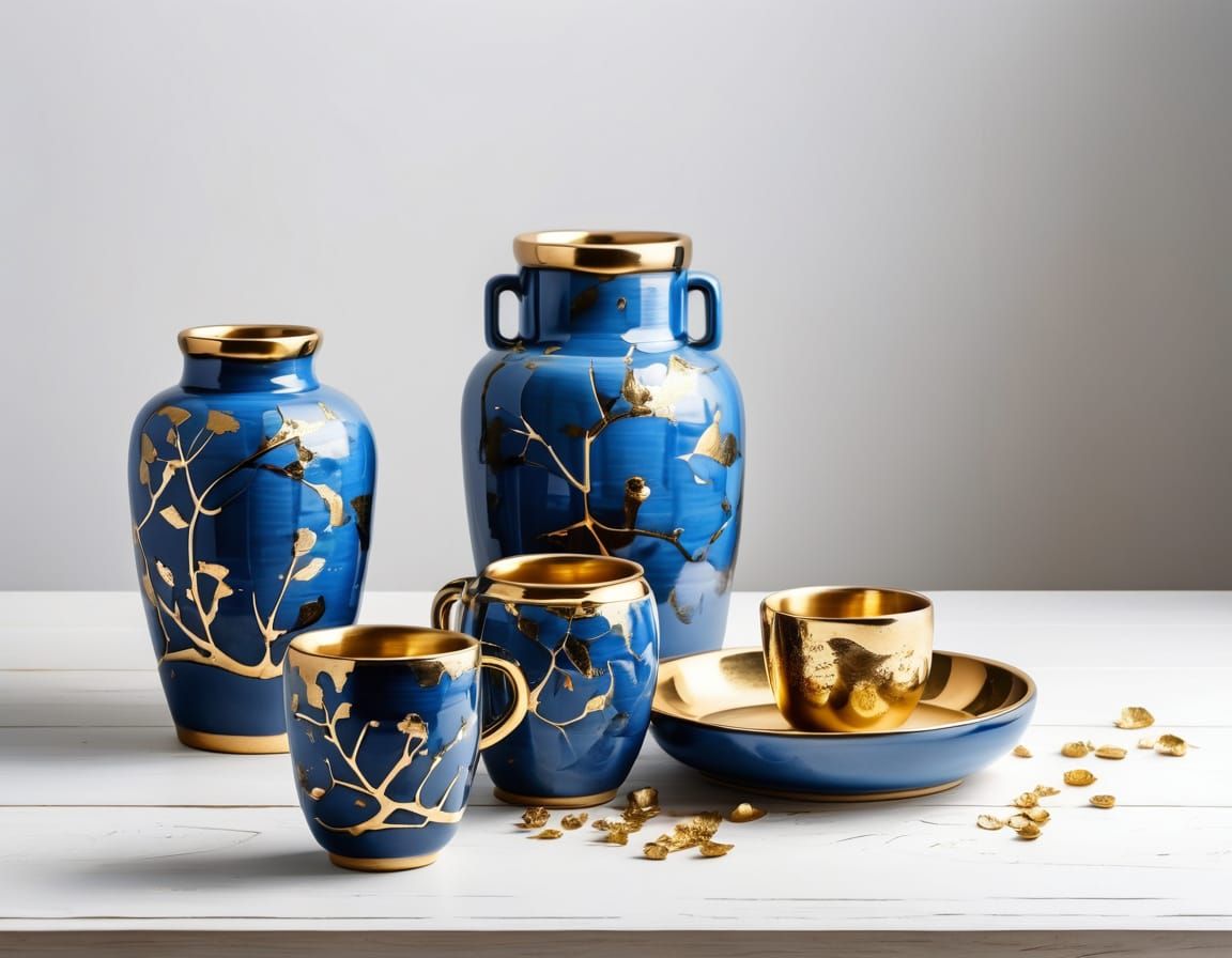 Handmade Blue Ceramics with Gold Accents on Wooden Table