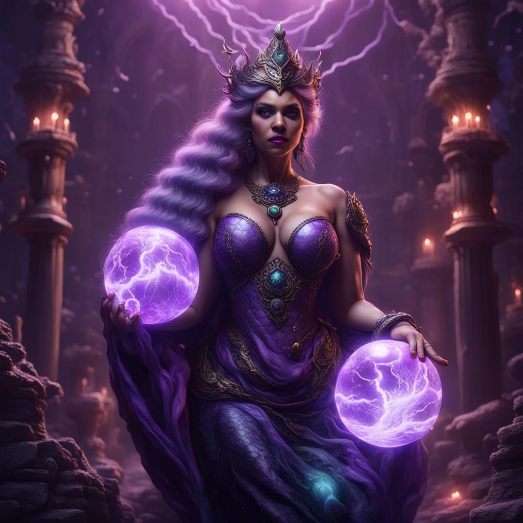 Evil Mermaid Queen with Purple Lightning Orbs