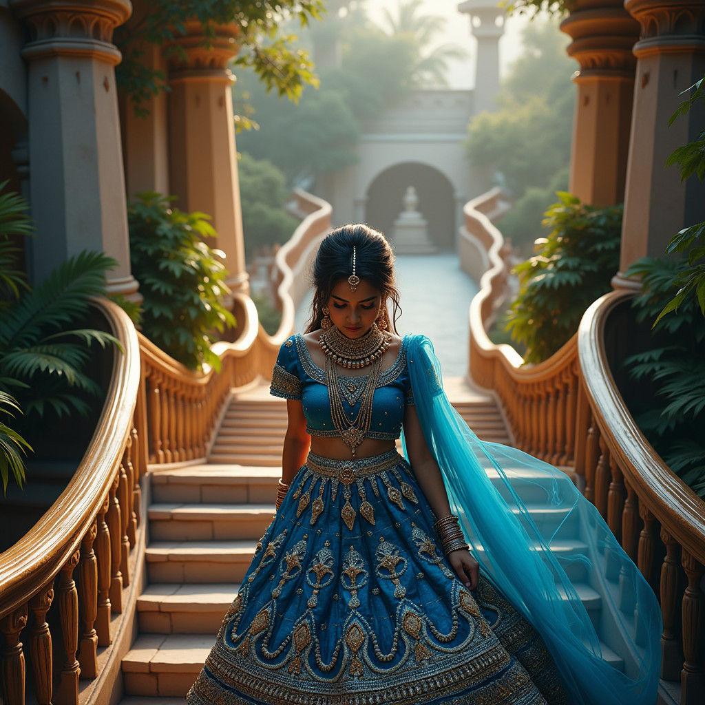 Indian Bride Descending Staircase in Baroque Setting