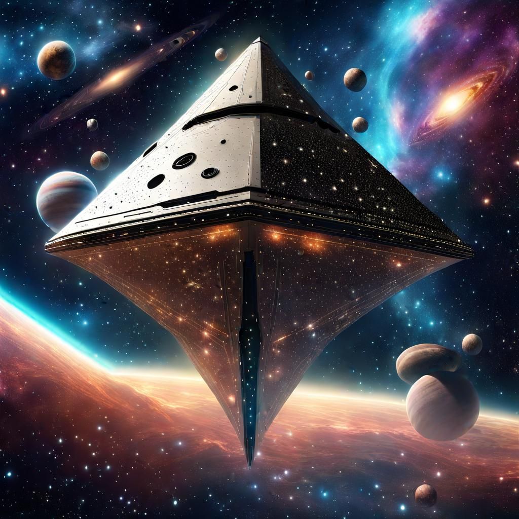 Triangular Starship Travels Through a Glistening Nebula