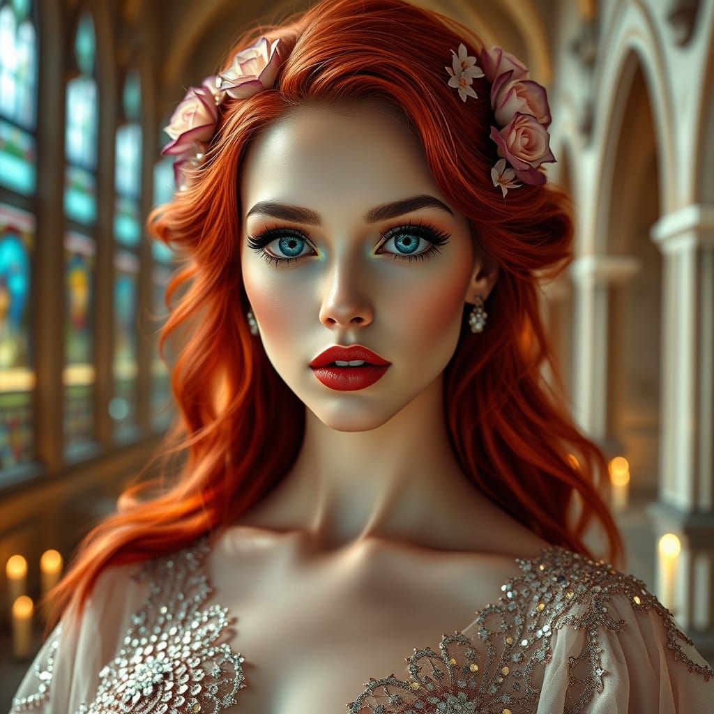 Ethereal Goddess in Stained Glass Cloister