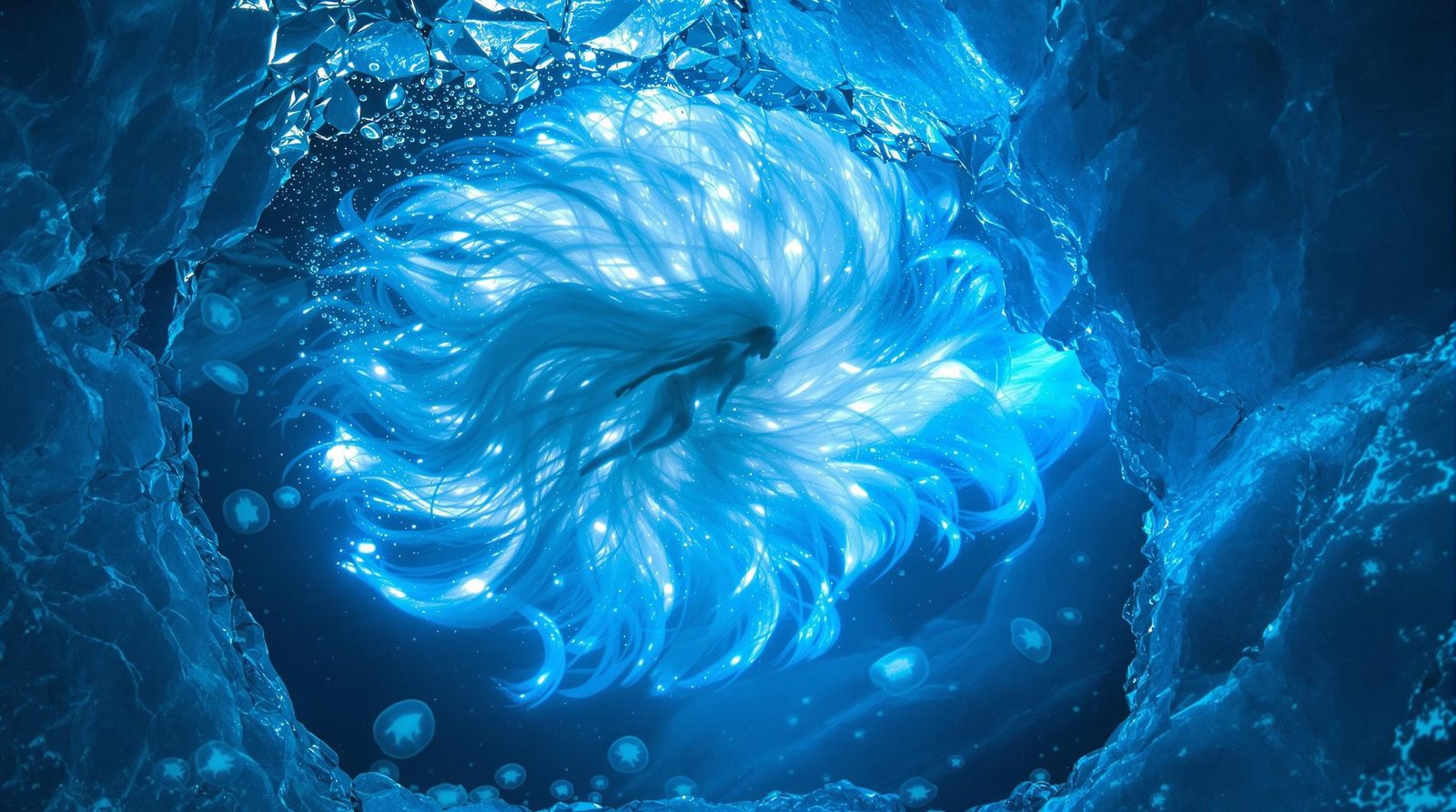 Arctic Swimmer with Bioluminescent Hair in Alien Ocean
