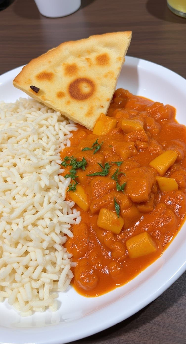 Delicious Butter Chicken with Naan and Rice