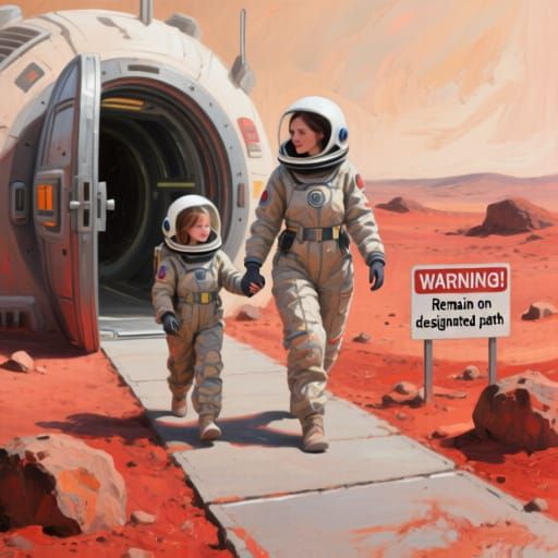 Mother and Daughter Explore Mars in Space Suits