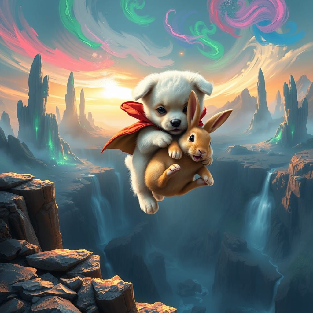 Miniature Superpuppy Saves Bunny from Cliff in Dreamlike Lan...