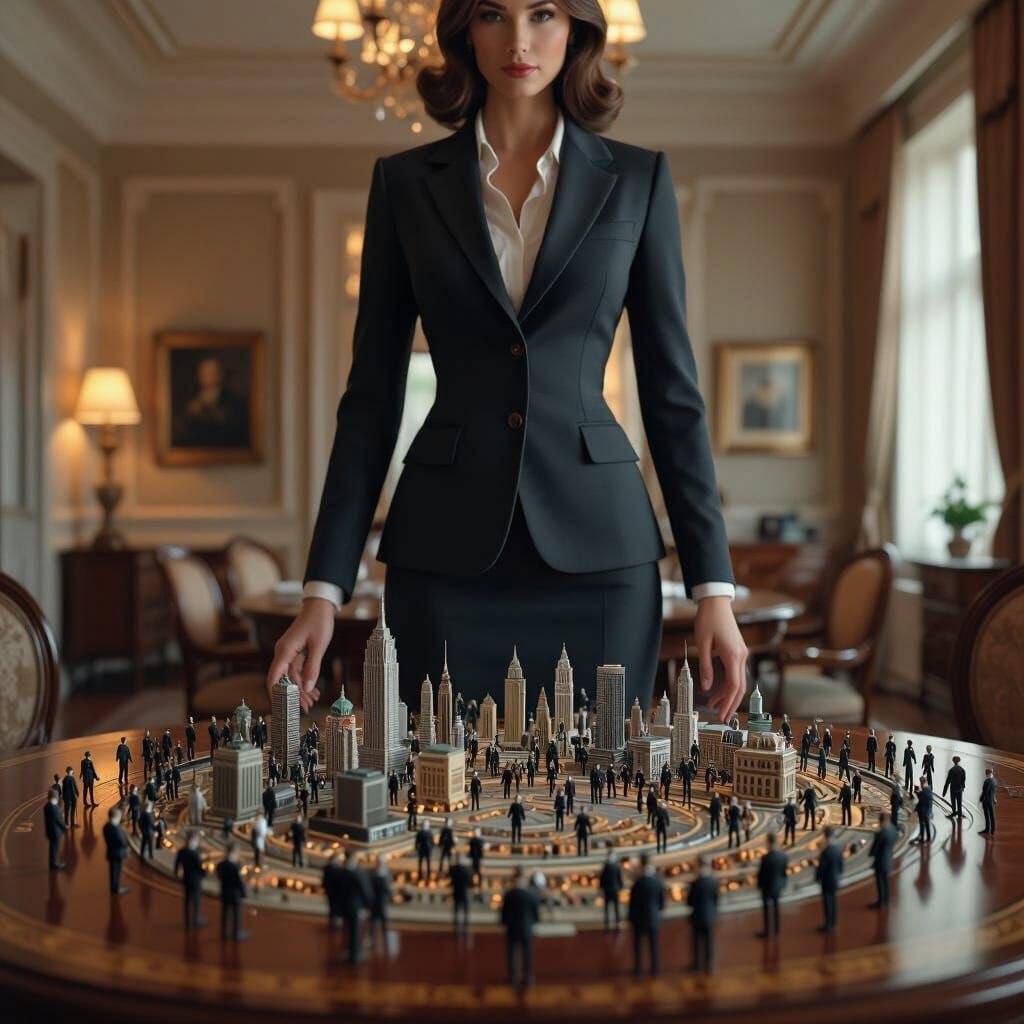 Giantess Oversees Miniature City: Photorealistic Art