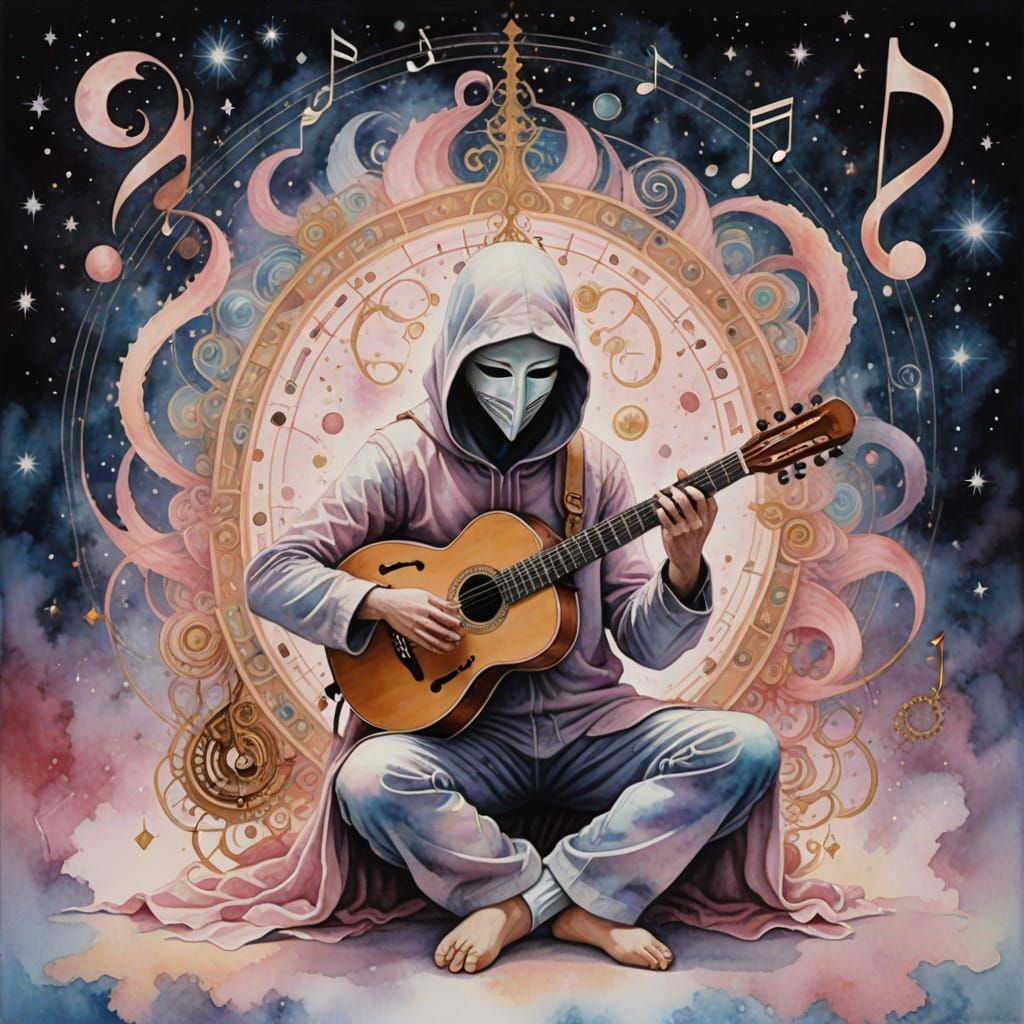 Masked Figure Kneeling in Cosmic Fractals