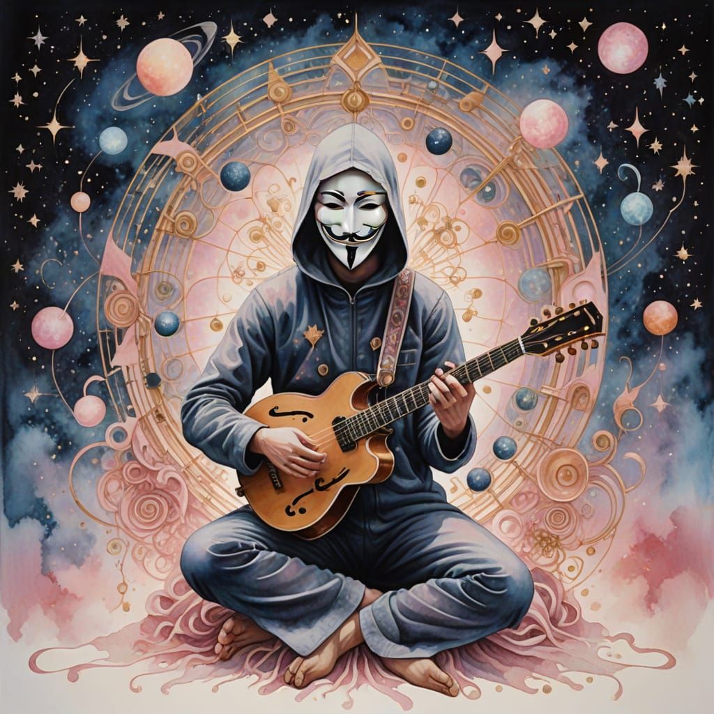 Anonymous Figure Kneels in Cosmic Universe