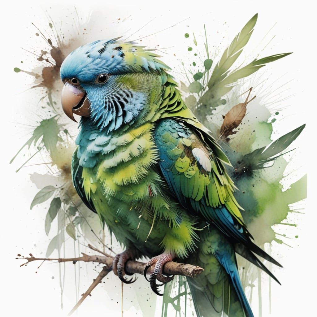 Green Parrot in Expressive Watercolour Style