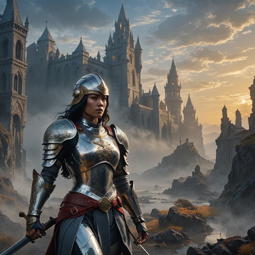 Armored Woman in Mystic Landscape: Fantasy Concept Art