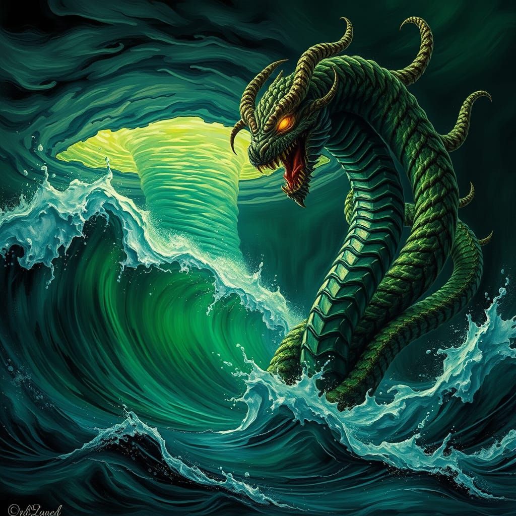 Hydra at great waves sea with tornado.