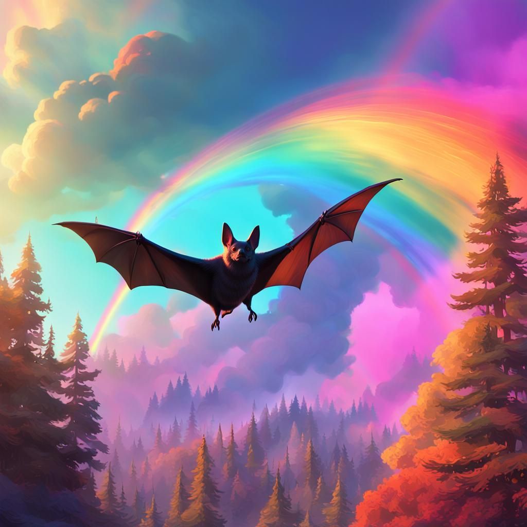 Bat Soaring Before Rainbow in Digital Matte Painting