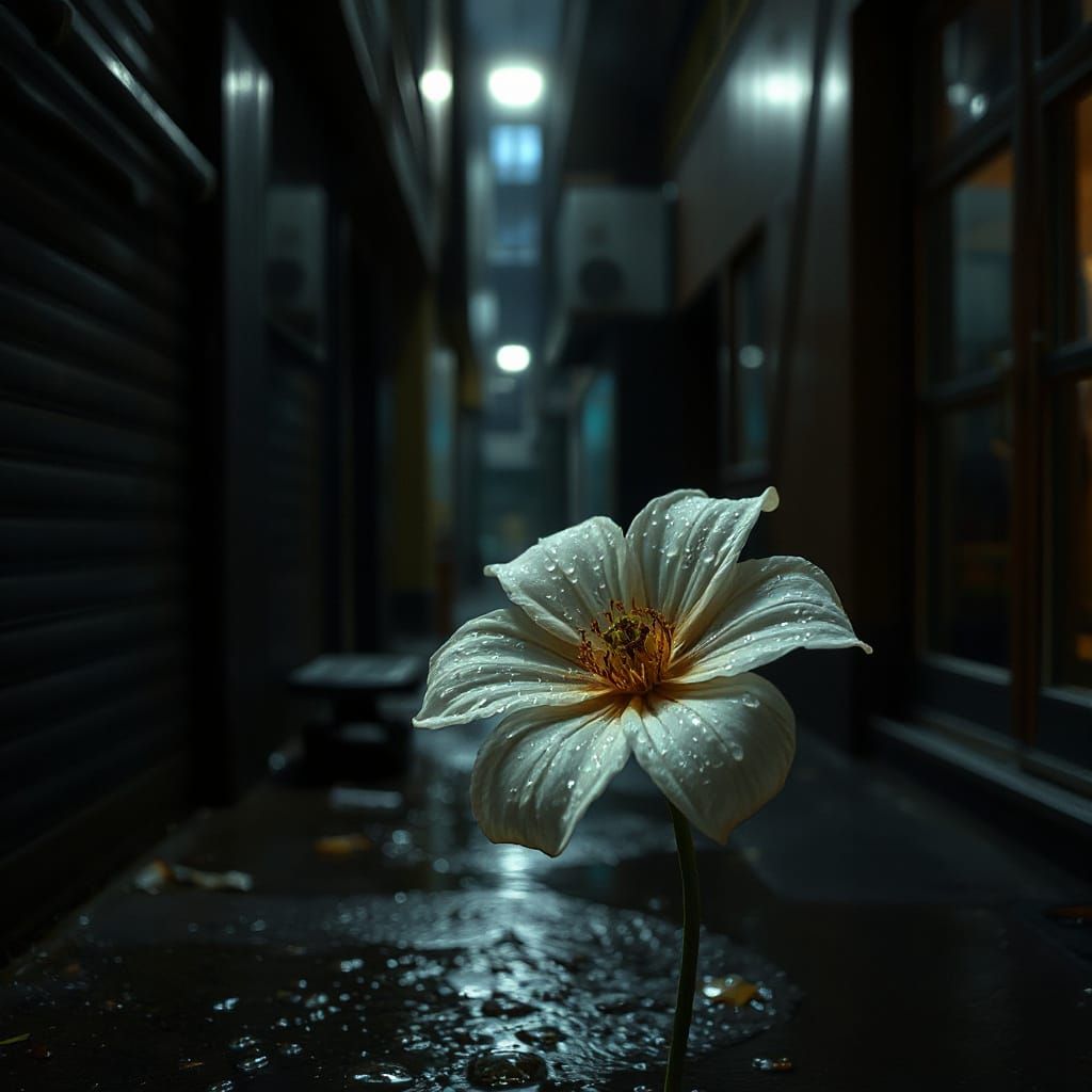 Rain-Soaked Flower in Dim Alley: Mystical Realism