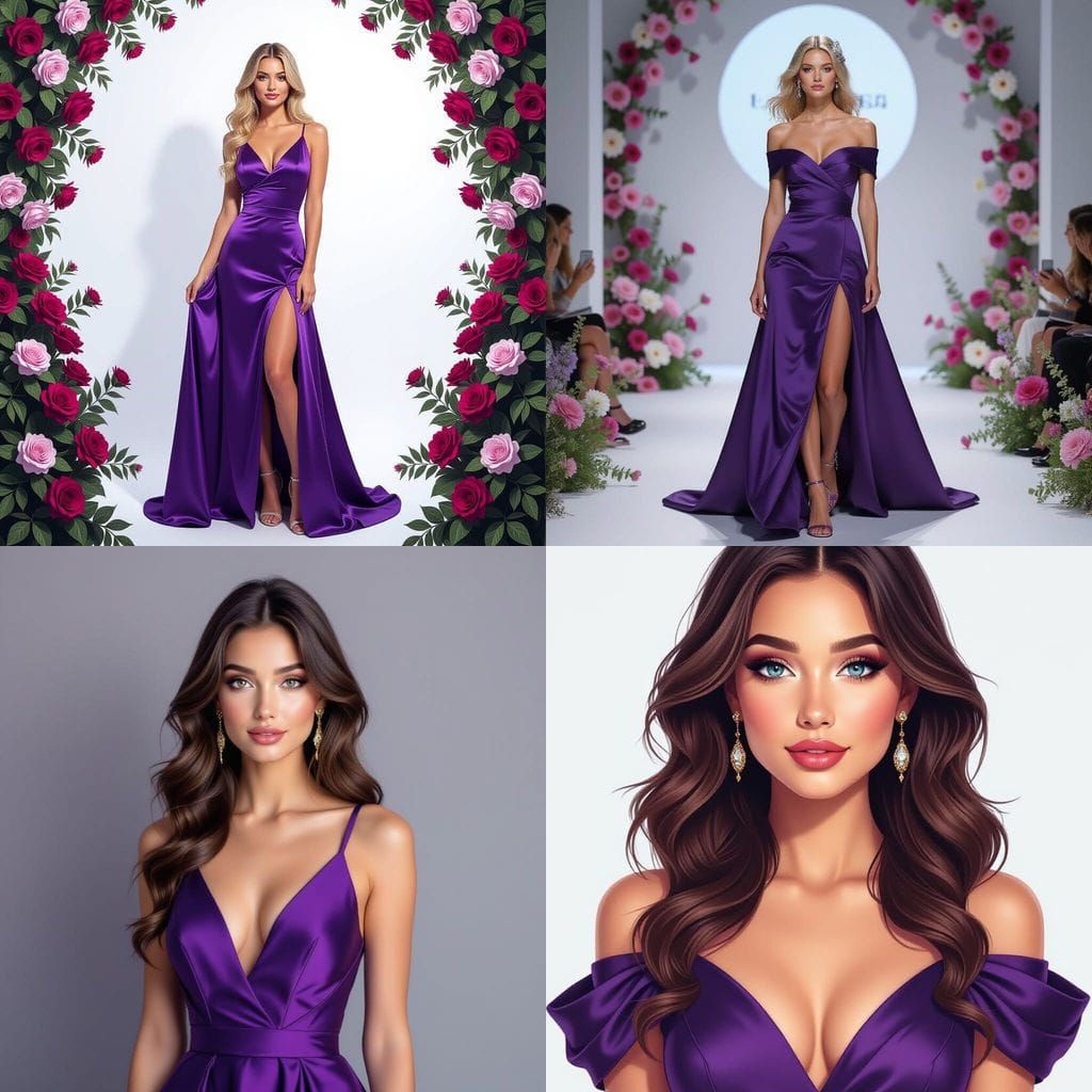 Elegant Woman in Purple Dress, Realistic Digital Illustratio...