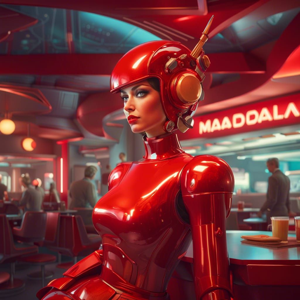 Futuristic Diner with Red Robot Statue in Pin-Up Style