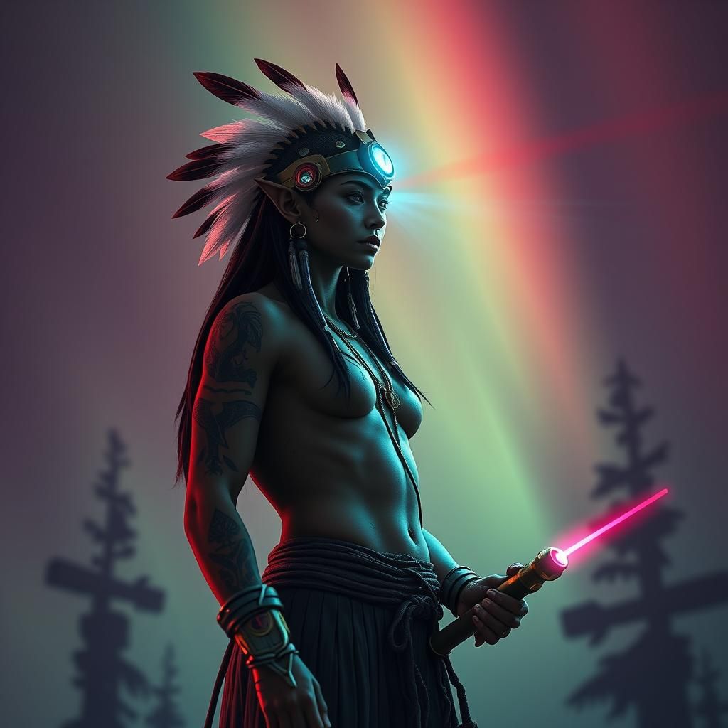 Cyberpunk Indigenous Elf Hunter in Aurora Forest