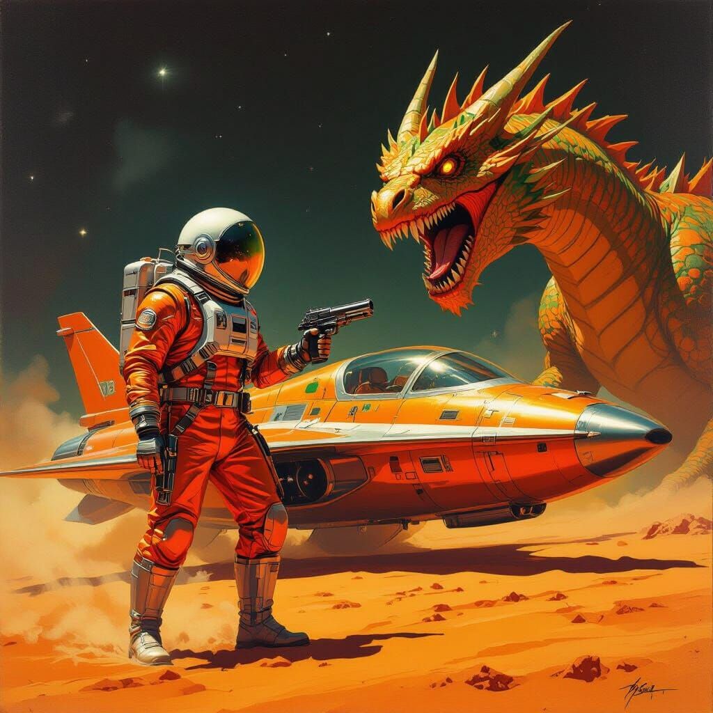 Retro-Futuristic Pilot Faces Alien Dragon Attack
