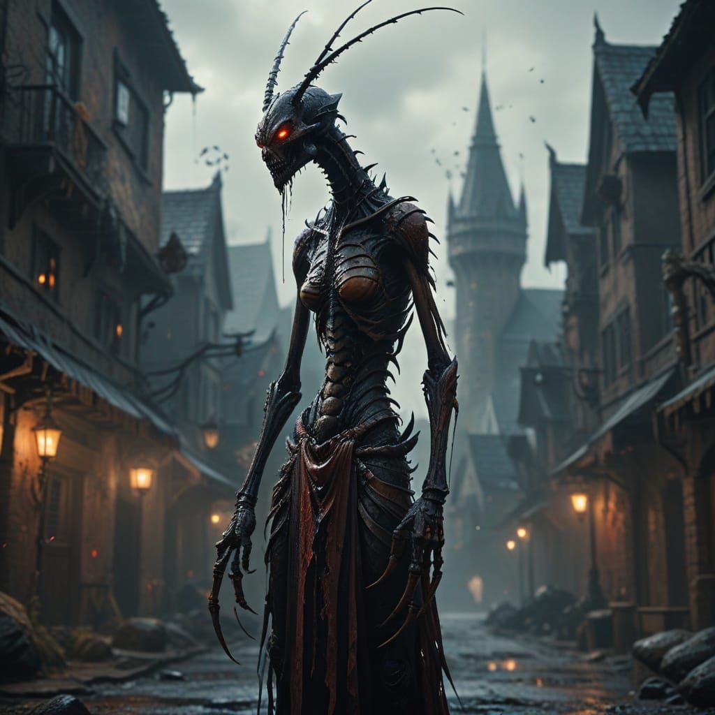 Dark Fantasy Horror Creature in a Mysterious Town