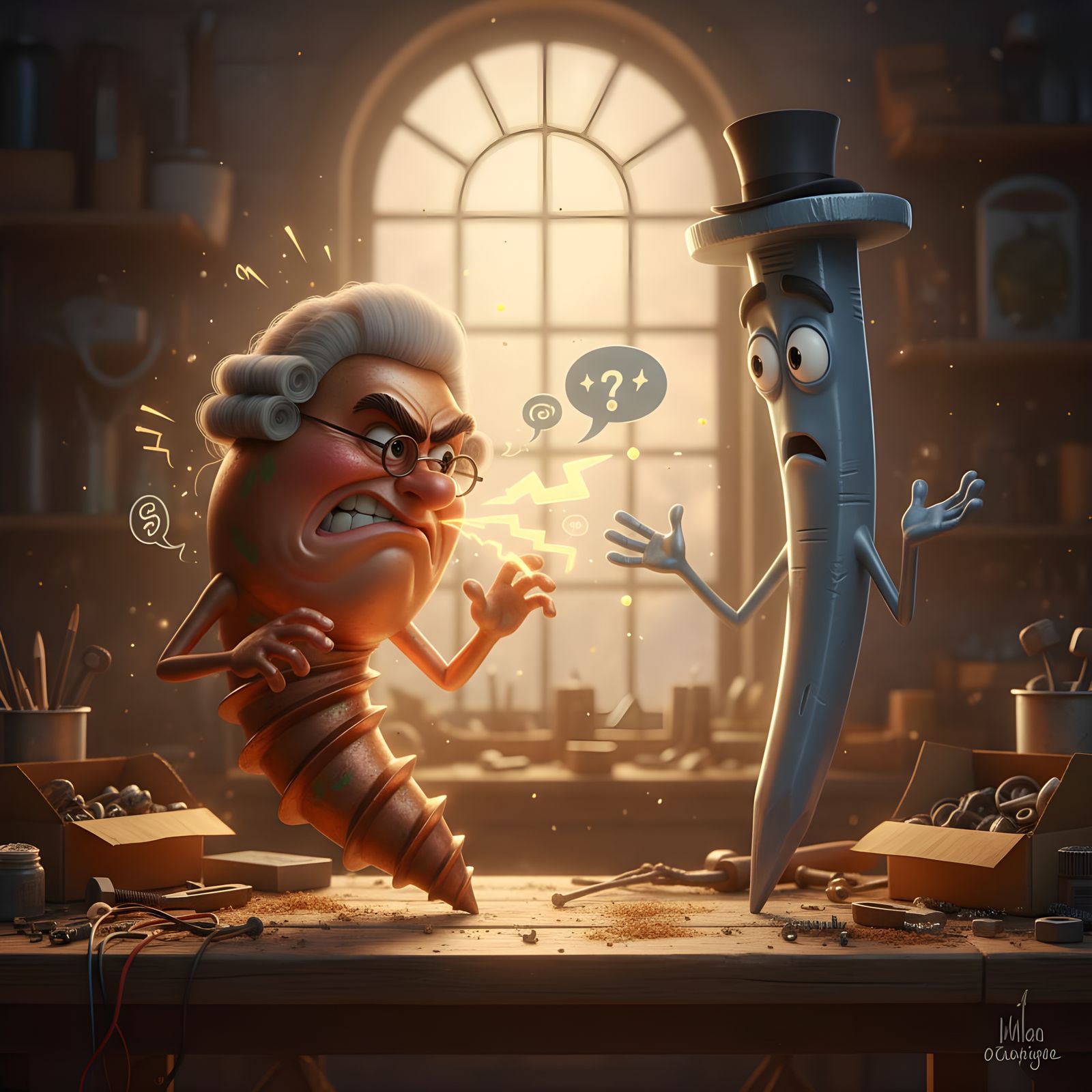 Whimsical Cartoon of Arguing Screw and Nail