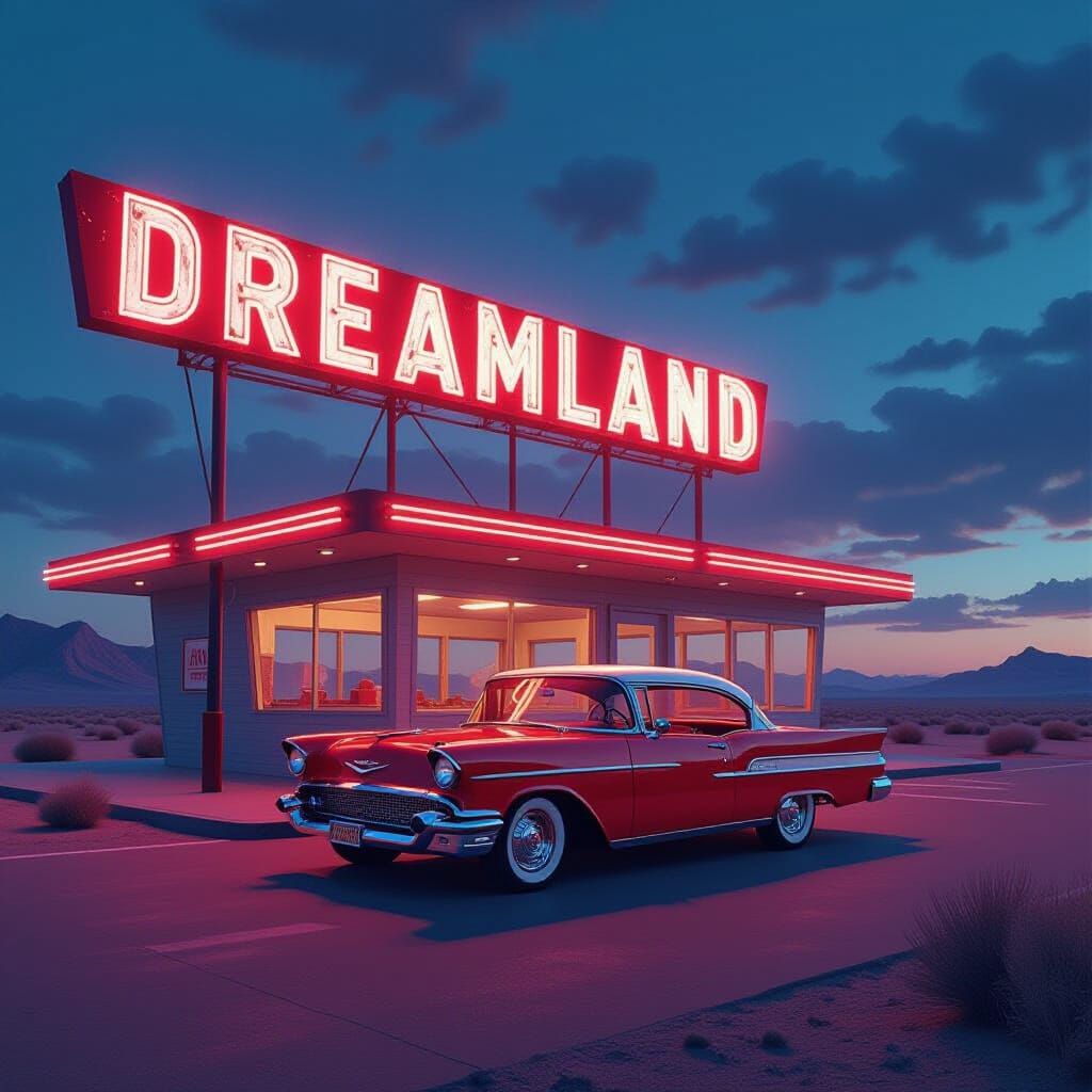 Vast Retro-Futuristic Diner in Desert Twilight