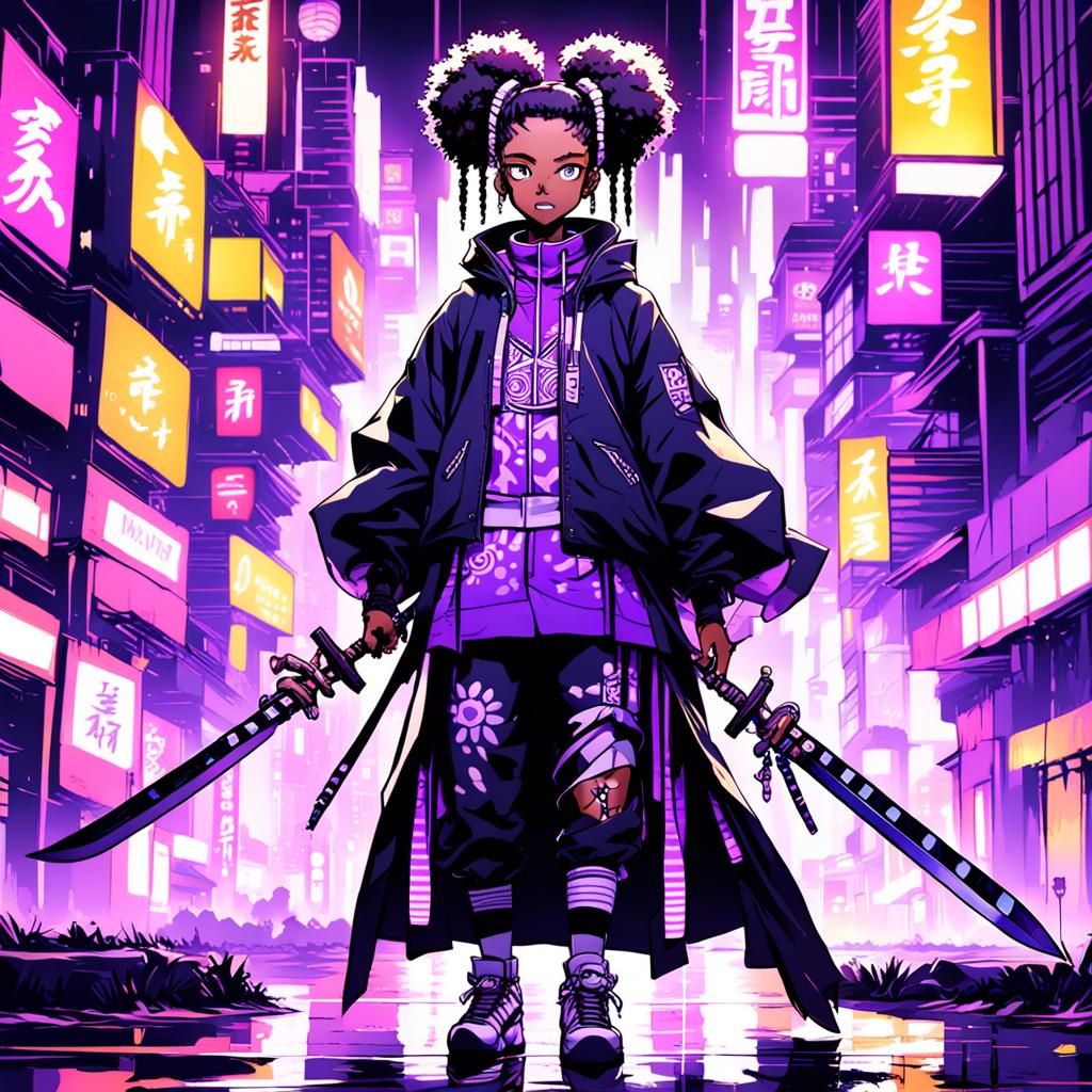 Urban Samurai: Black Woman in Neon Cityscape