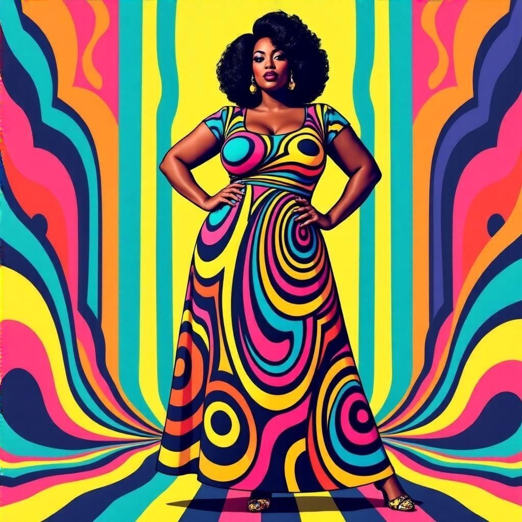 Confident Woman in Psychedelic Maxi Dress