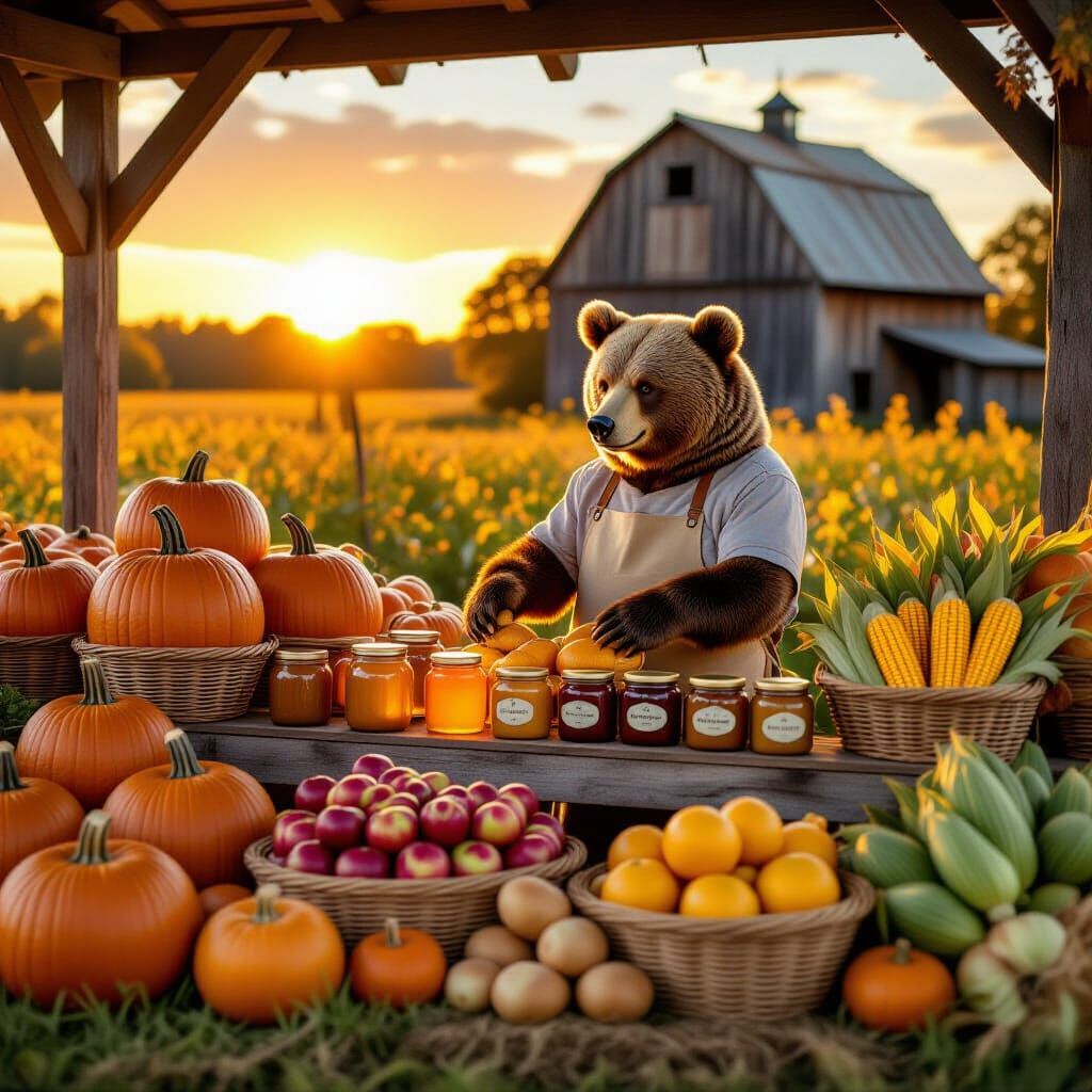 Bear Farmstand with Autumn Harvest at Sunset