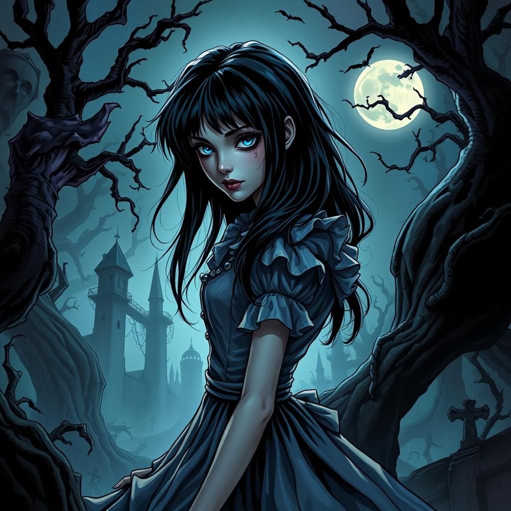 Alice in wonderland, alice, black hair, bright blue eyes, da...