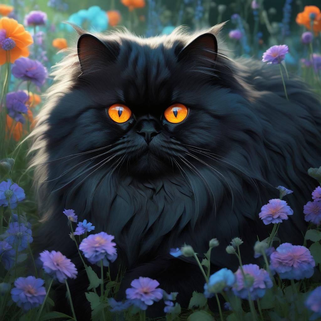 Black Persian Cat in Catnip Meadow, Hyperdetailed Art