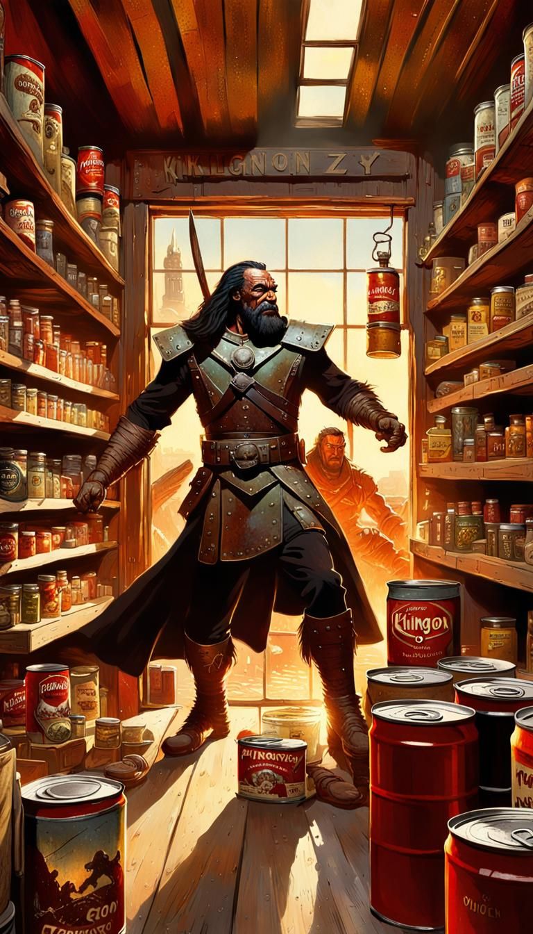 Klingon Warrior Battles Stockboy in Retro Illustration