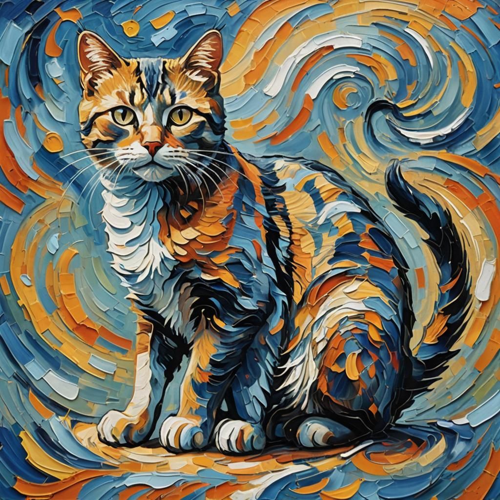 Abstract Cat in Swirling Colors, Post-Impressionist Style