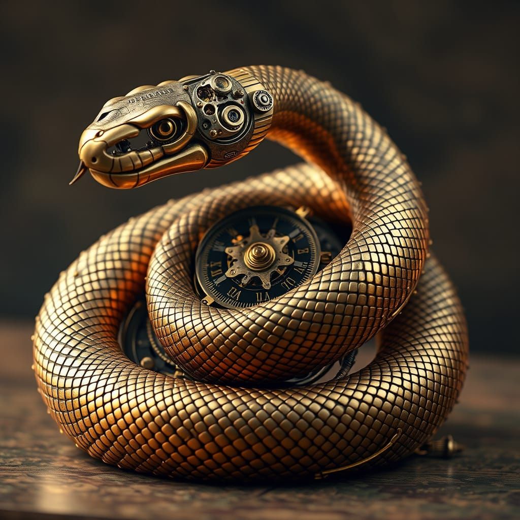 Steampunk Mechanical Snake in Golden Light