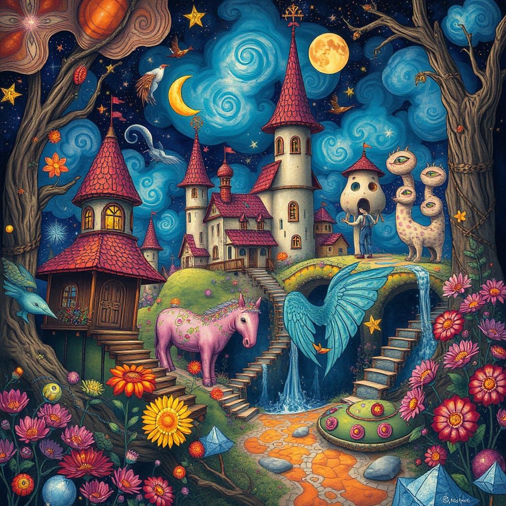 Vibrant Whimsical Fantasy Scene in Dreamy Style