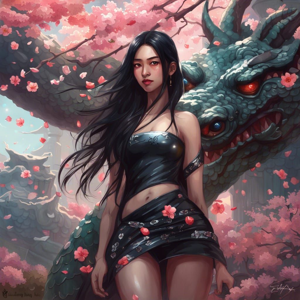 Chinese Girl with Dragon and Sakura Blossoms
