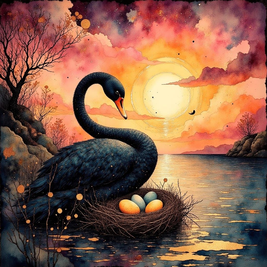 Surreal Black Swan Nest in Outer Space Sunset