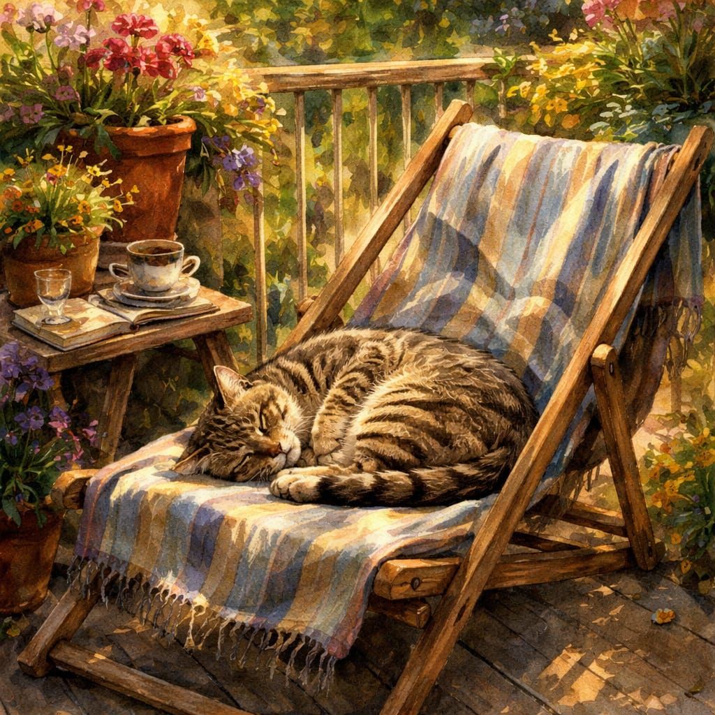 Tabby Cat Napping on Balcony Deckchair in Impressionist Styl...