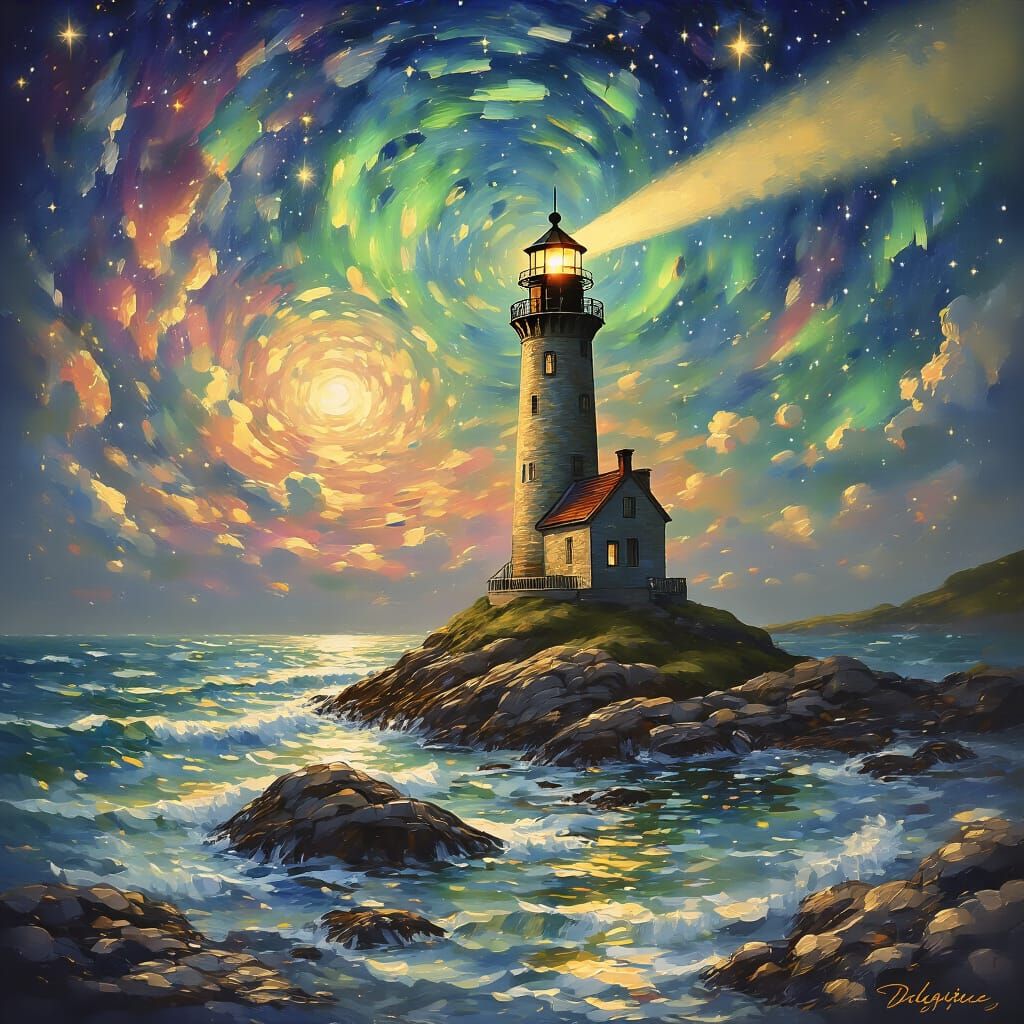 Futuristic Lighthouse on Rocky Coast in Impressionist Style