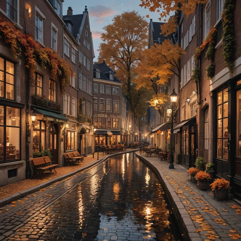 Quaint European Street Scene at Dusk